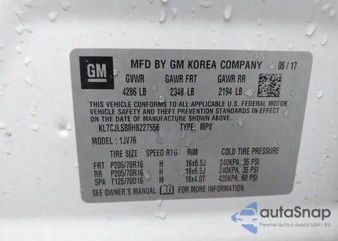 2017 Chevrolet Trax Lt из США, поврежденный, VIN KL7CJLSB8HB227556